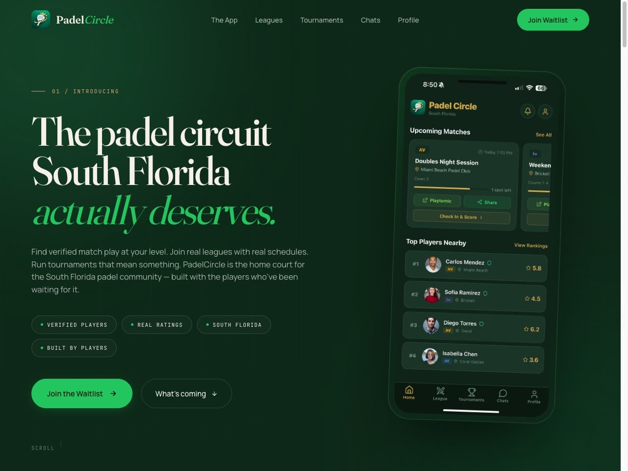 The PadelCircle marketing site hero with the app in hand