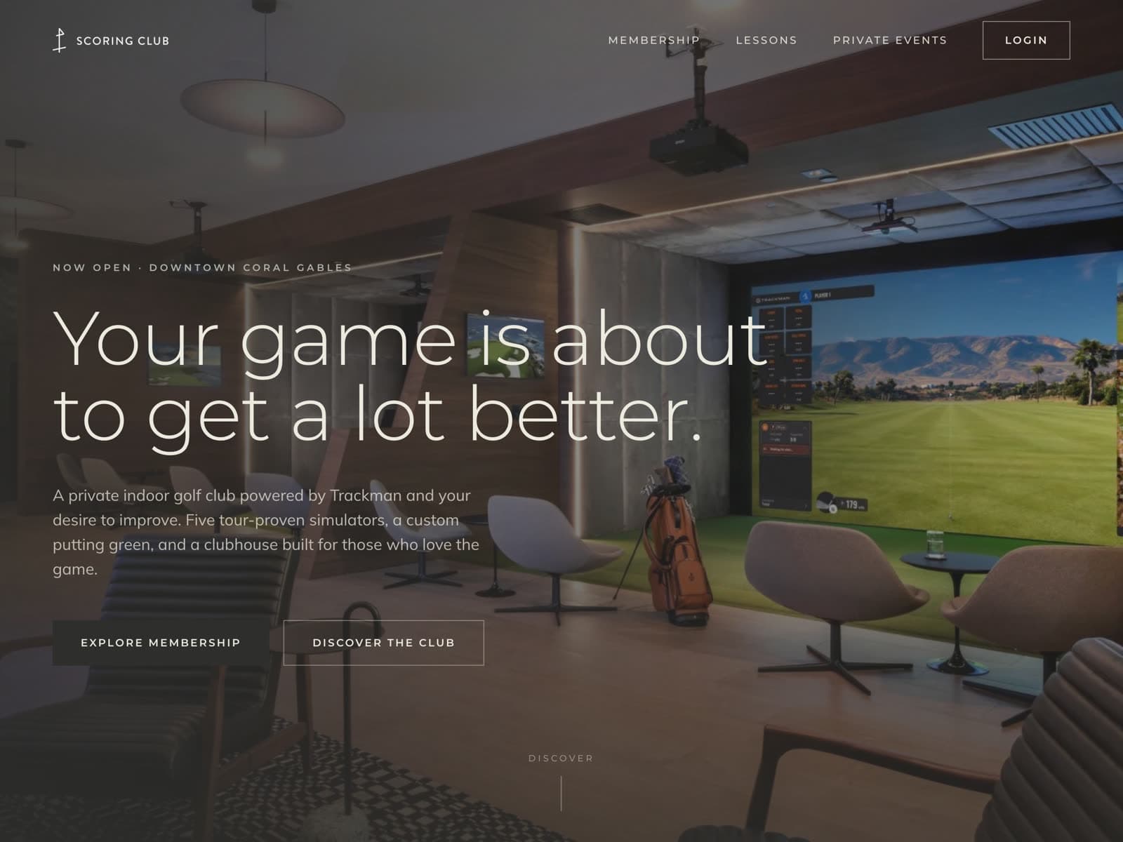 The rebuilt Scoring Club homepage hero, inside the simulator lounge