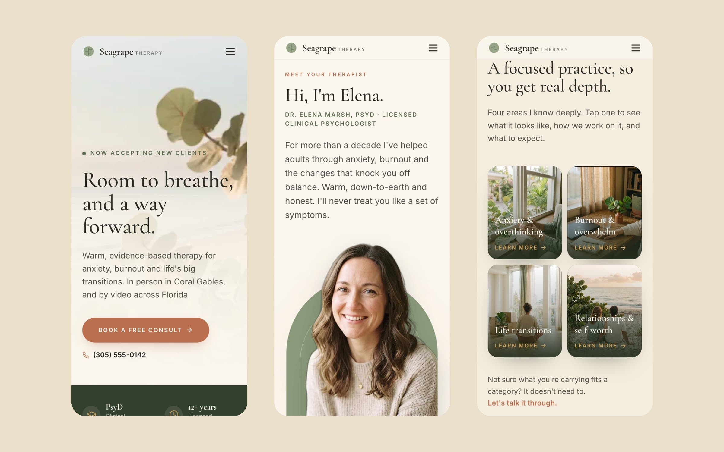 Seagrape Therapy on a phone: the hero, Meet Elena and the specialty tiles